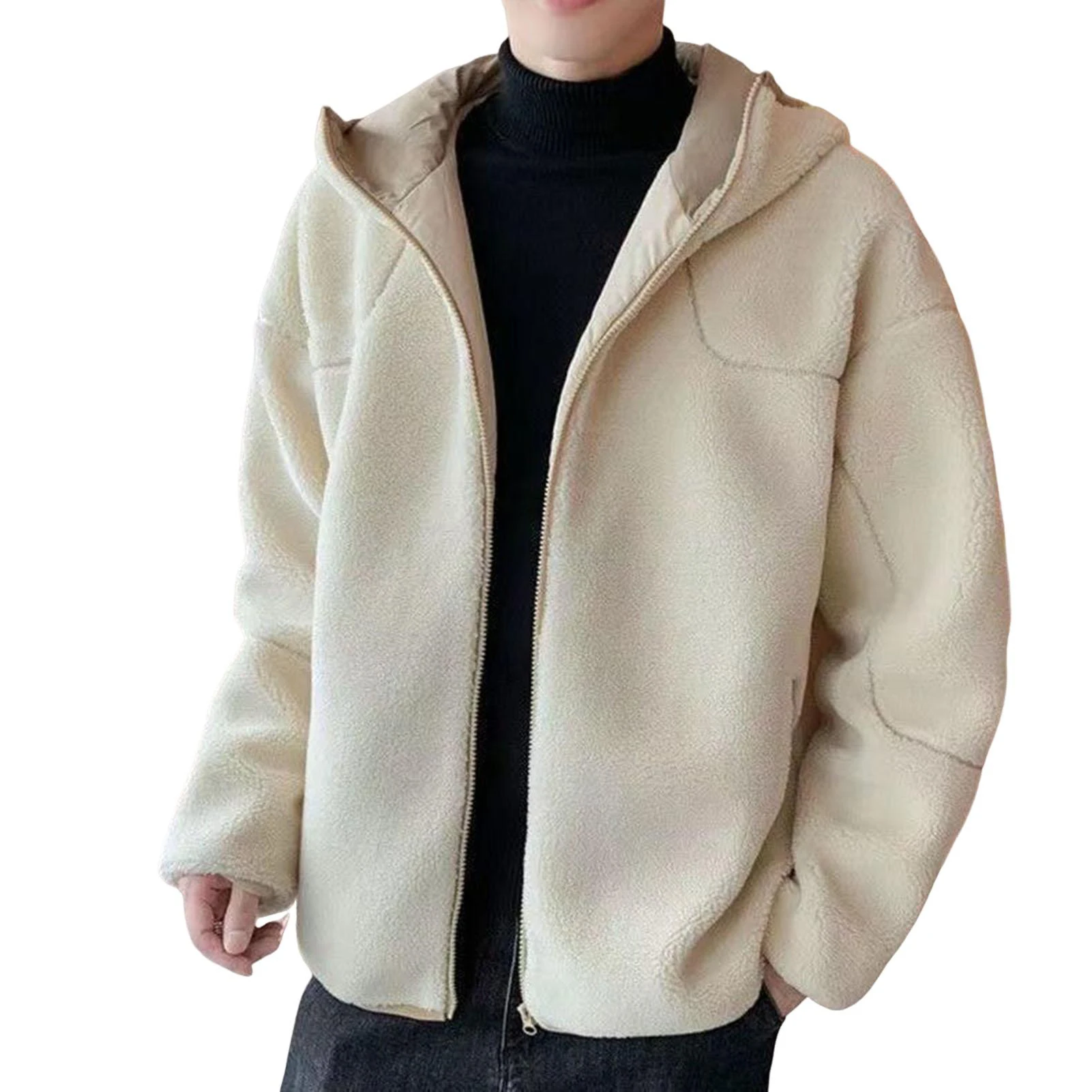 

Winter Male Fleece Jacket Coat Plush Zipper Hooded Solid Soft Cold-proof Thermal Warm Hooded Coat Jackets for Outdoor