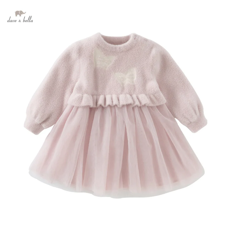 Dave Bella Princess Dress Girls Baby Children 2024 New Autumn Winter Charm Cute Pink Fashion Long Sleeved Dress DB4242974