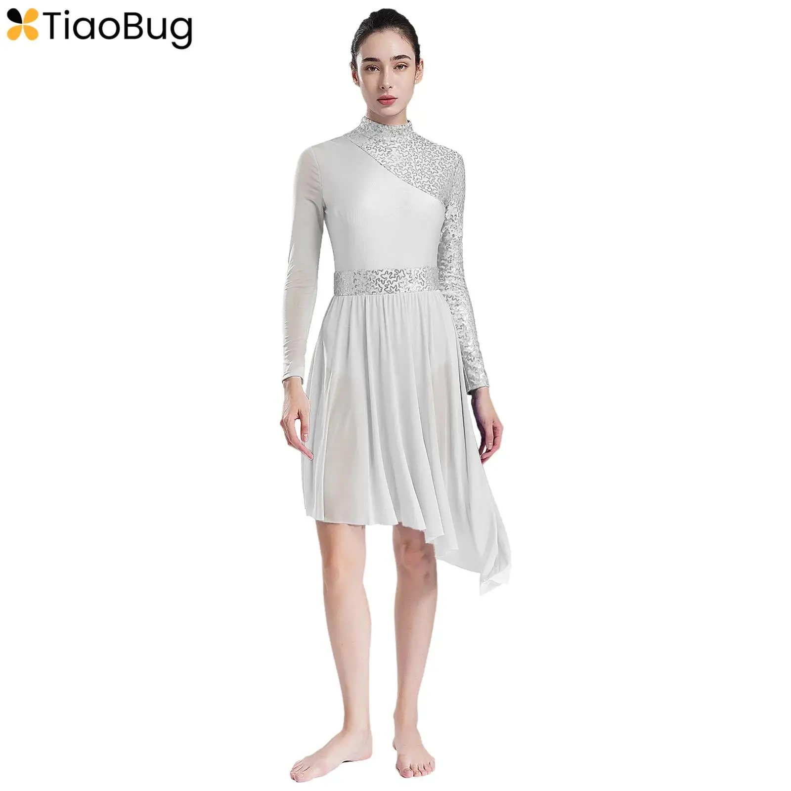 

Womens Lyrical Dance Dress Ballet Dress Long Sleeve Shiny Sequins Irregular Hem Leotards Dresses Stage Performance Dancewear