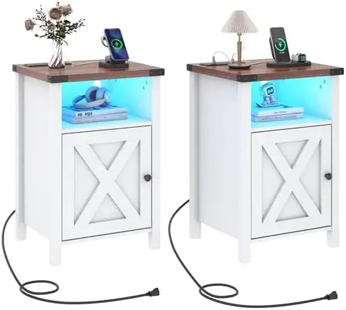 Farmhouse Nightstand Set of 2, LED End Tables Living Room Set of 2 with Charging Station, Barn Door & Storage Shelf