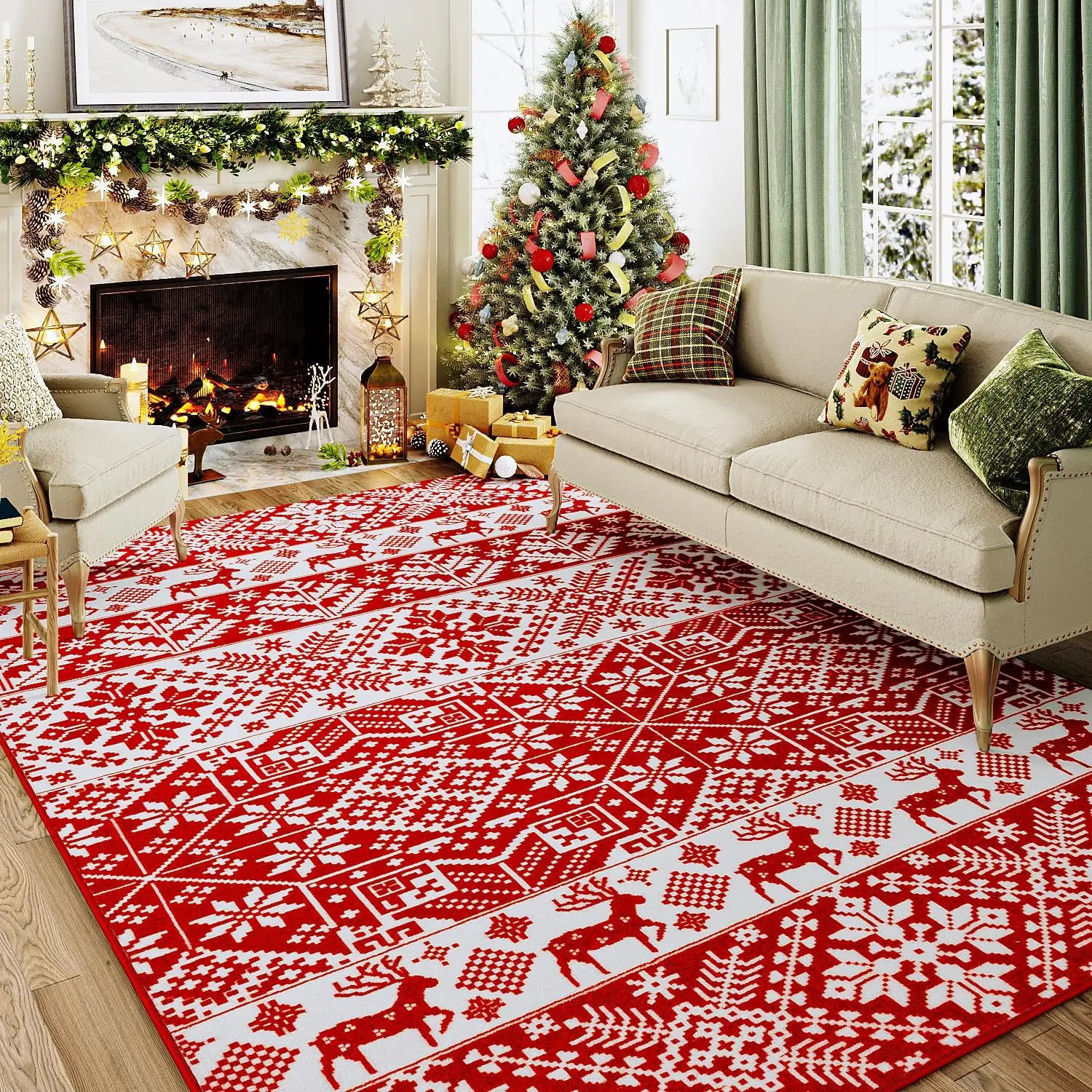 

VIKAMA Christmas Vintage Living Room Carpet Soft Felt Rug For Indoor Floor Mat Red Bedroom Kitchen Dining Room Bathroom