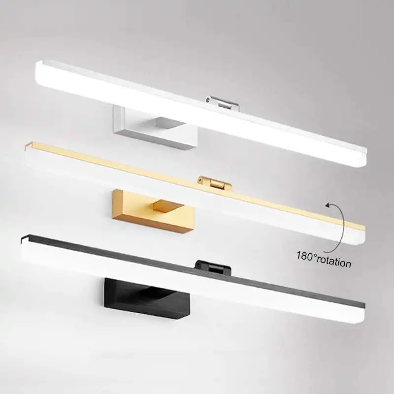 

LED Bathroom Wall Light, Adjustable Gold/Black/Chrome Shower Mirror Lighting, Waterproof Aluminum Fixture, Modern Indoor