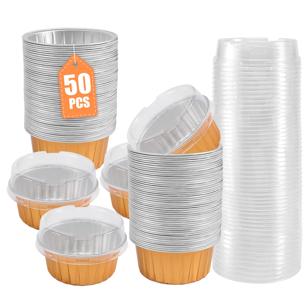 Dessert Cups with Lids, 50 Pack Gold Aluminum Foil Baking Cups Holders, Cupcake Bake Utility Ramekin Clear Pudding Cups