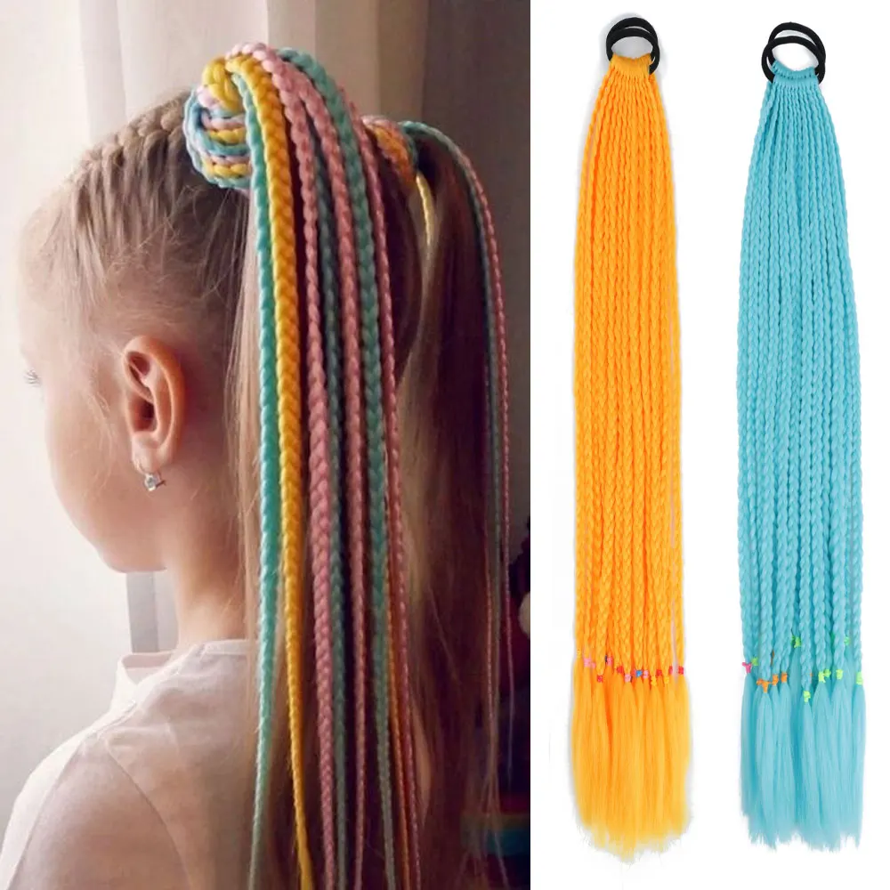 AZQUEEN Synthetic Colored Braided Ponytail Hair Extension Rainbow Color Braids Pony Tail With Elastic Band Girl's Pigtail