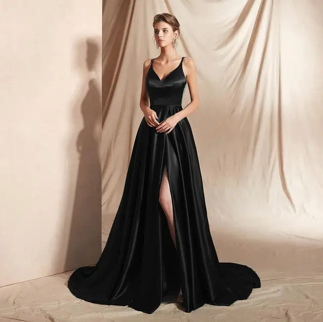 Satin-Abschlussballkleider mit Spaghettiträgern, V-Ausschnitt, hohem Schlitz, A-Linie, Schleppe, formelles Abendkleid, Hochzeits- und Partykleid – Detail 4