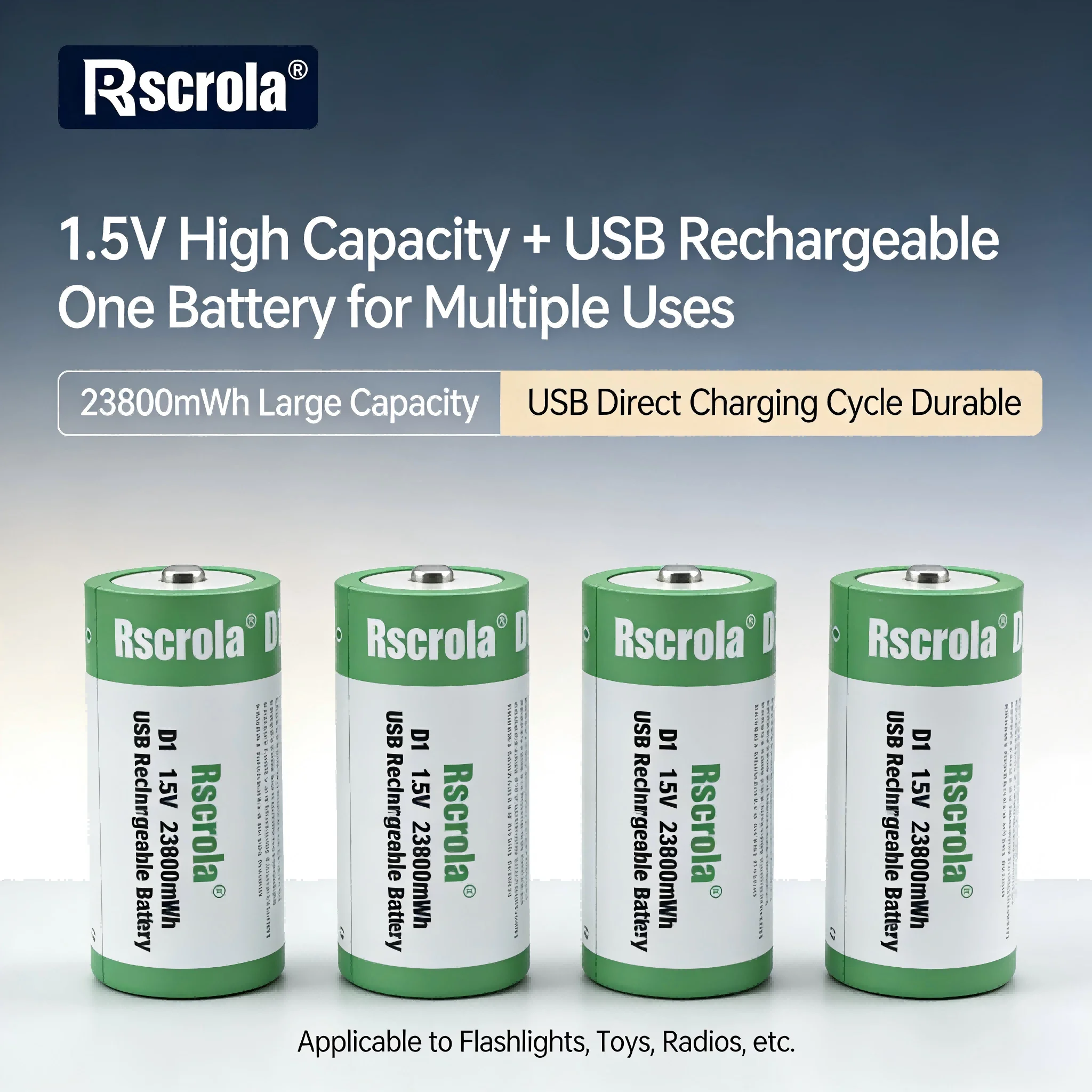 1.5V Constant Voltage Output D Size Rechargeable Batteries,Cost-Saving with Cycle Charging,Stable/large capacity/high cycle life