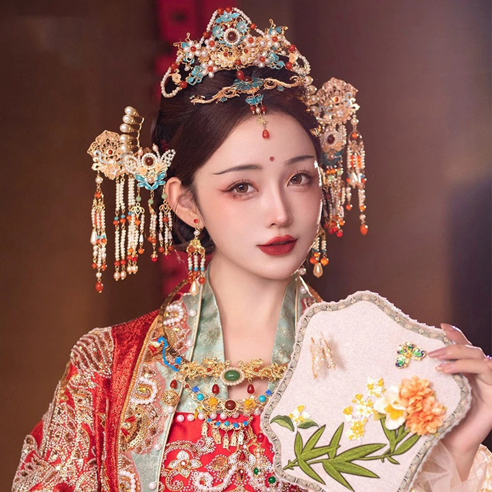 

Традиционный головной убор для невесты Xiuhe, древний костюм, ретро китайский комплект заколок для волос ручной работы с бисером, аксессуары для волос