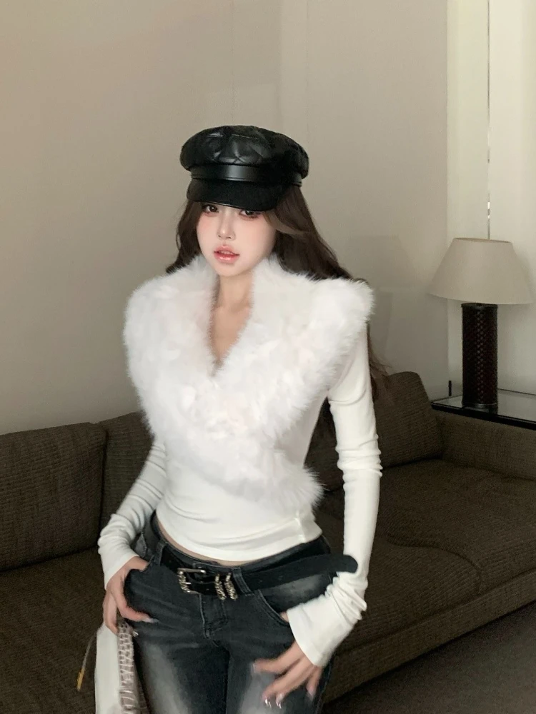 American Vintage Hot Girl High-end Winter Long Sleeve Sweaters 2000s Y2k Slim Sexy Elegant Korean Fashion Tees Subculture Tops