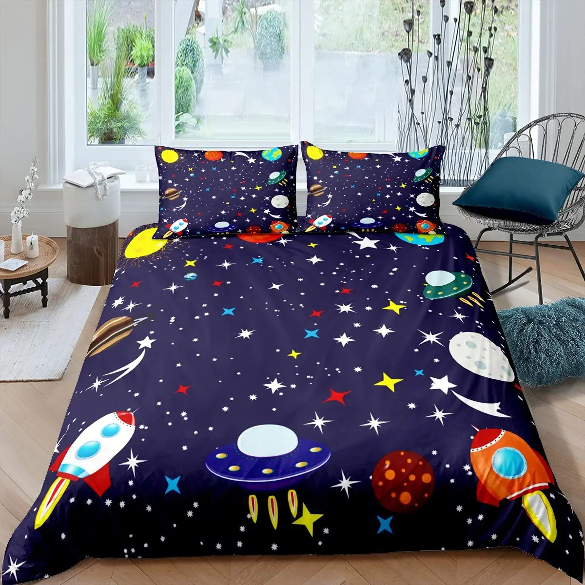 

kids boys universe starry sky king Queen duvet cover outer space bedding set cosmic rocket Comforter Cover polyester quilt cover