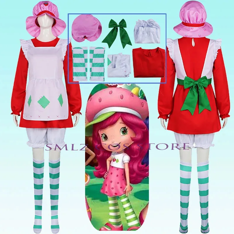 

Miss Strawberry Cosplay 1980 Classic Costume Women The World of Strawberry Shortcake Cute Dress Halloween Fancy for Woman Girl