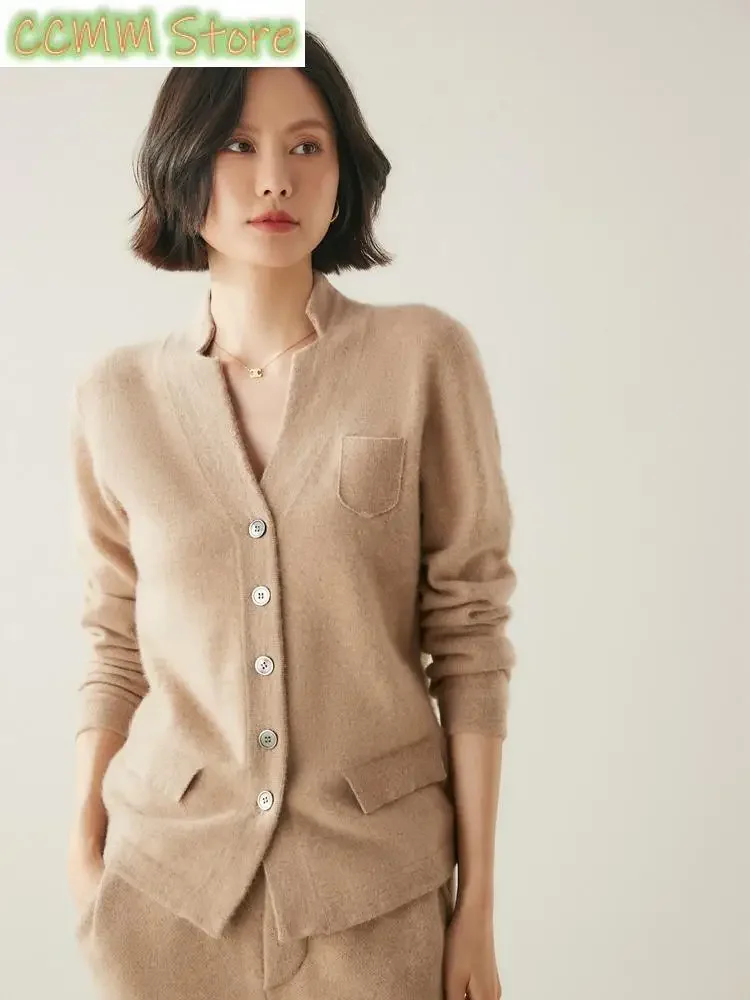 

High Quality Women's Cashmere Cardigan Autumn Winter V-neck Long Sleeve Sweater Cashmere Soft Buttons Knitwear Slim Coat