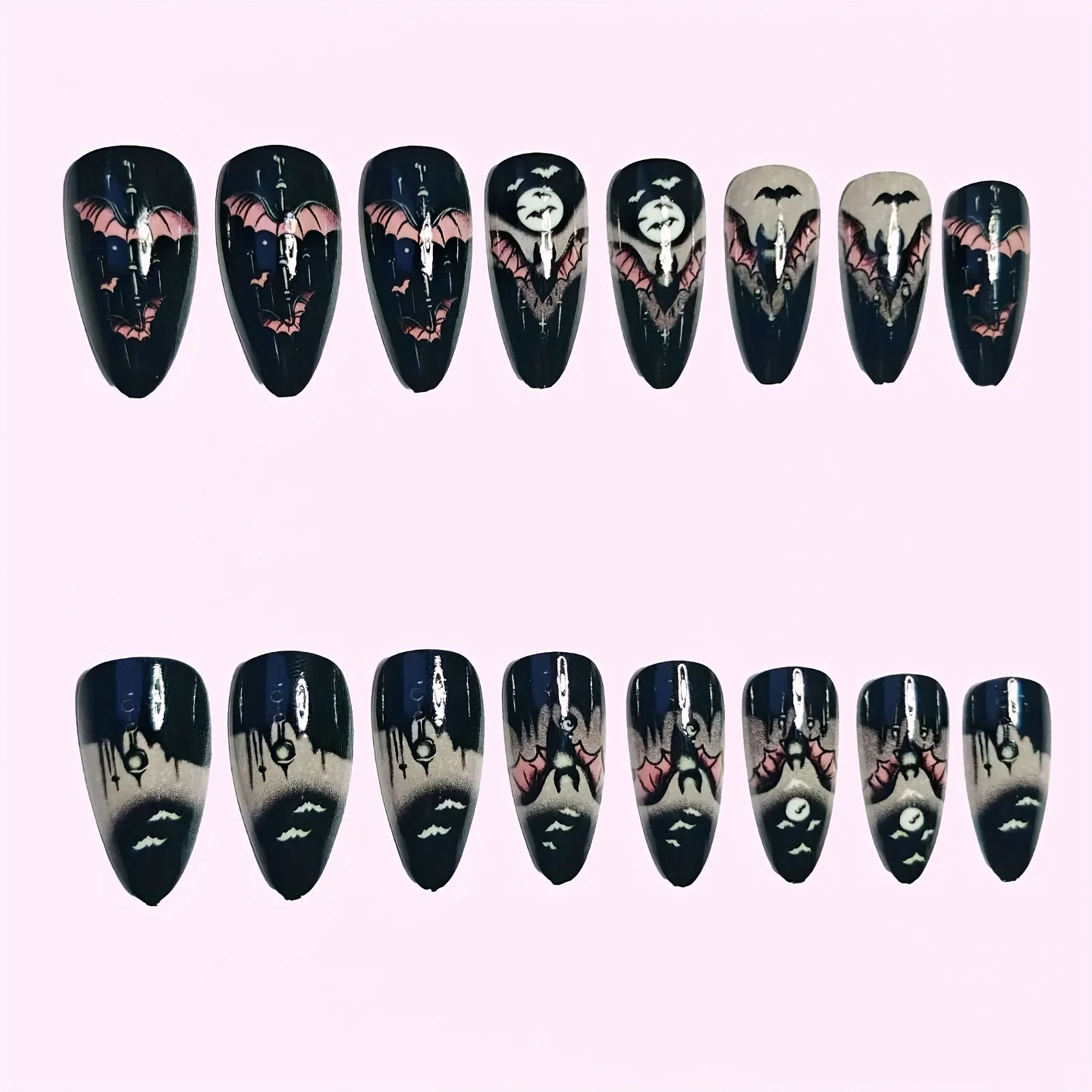 24Pcs Halloween Fake Nails Black Almond Press On Nails Scary Bat Designs Women Girls Charms Manicure Full Cover False Nails