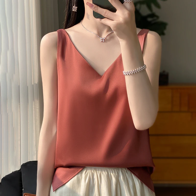 Silk Satin Women Double Shoulder Camisole Tank Top V-neck Sleeveless Top T-shirt Elegant Crop Top Solid Casual Basic 2025 Summer