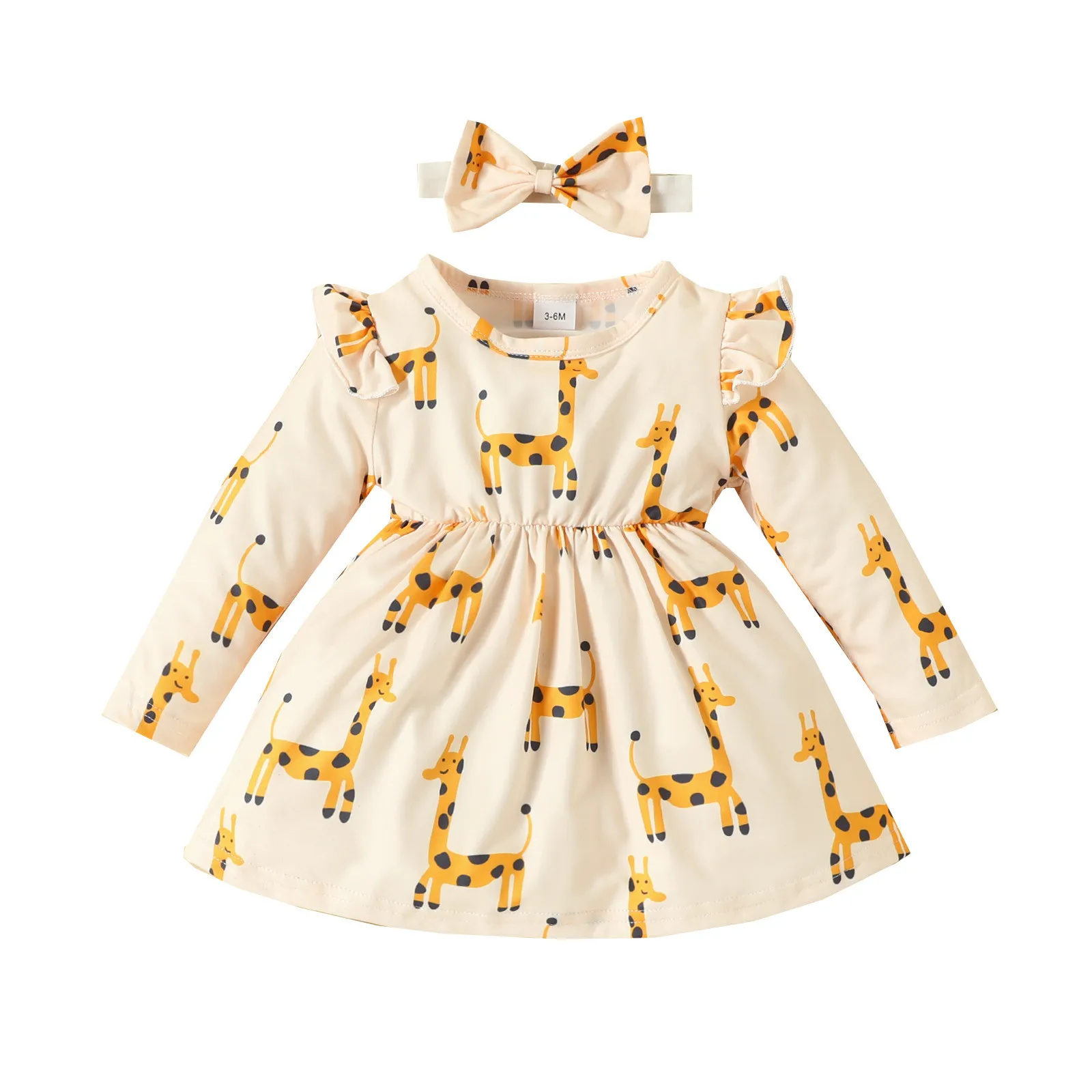 Toddler Girls Cute Dress New Long Sleeve Ruffles Cartoon Giraffe Prints Party Princess Dress Headbands Set Children's Costume