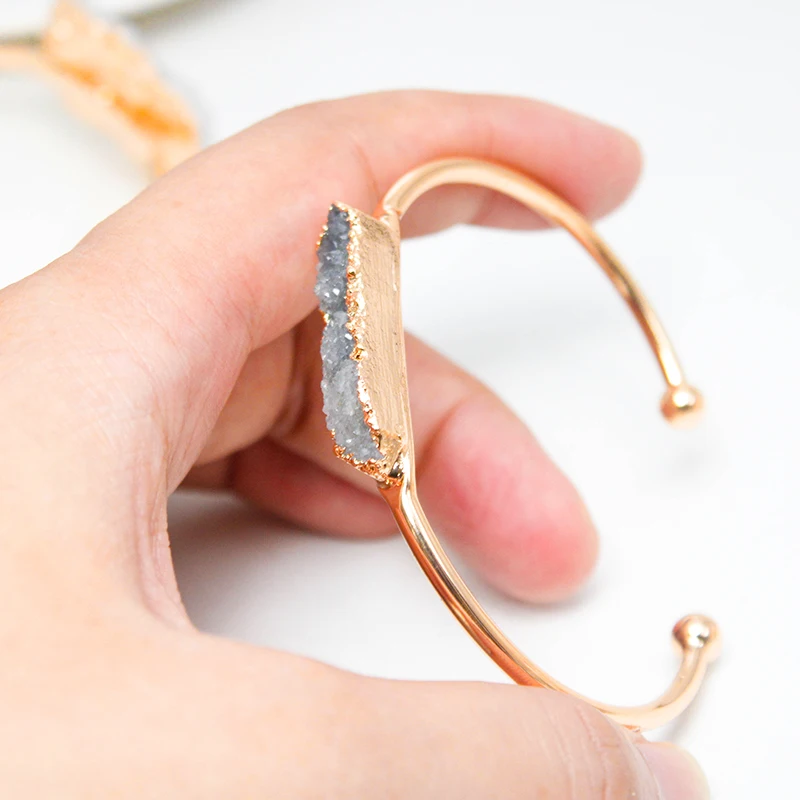 Rectangle Raw Stone Bracelet for Women Handmade Natural Crystal Cluster Open Cuff Bangle Jewelry