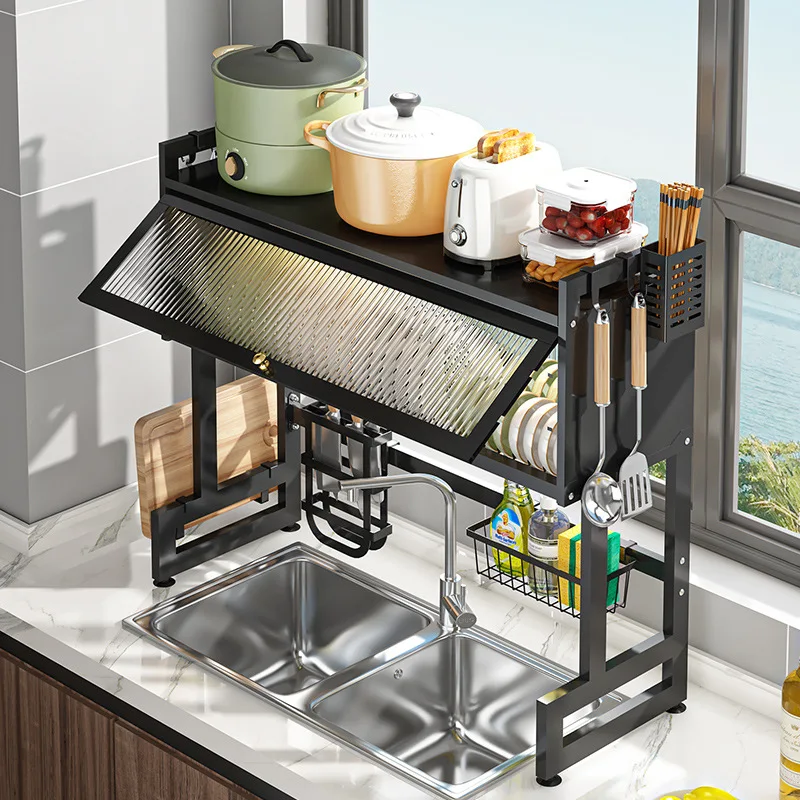 

65-105cm carbon steel Expandable Over Sink Dish Drainer Drying Rack with Door Countertop Telescope Dish Storage Rack for Kitchen