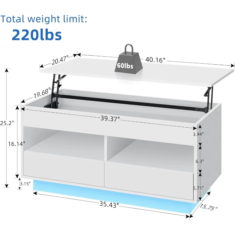 LED Coffee Table with Lift Top Morden Coffee Table with Storage High Gloss White Sofa Table for Living Room Center Tables Hidden