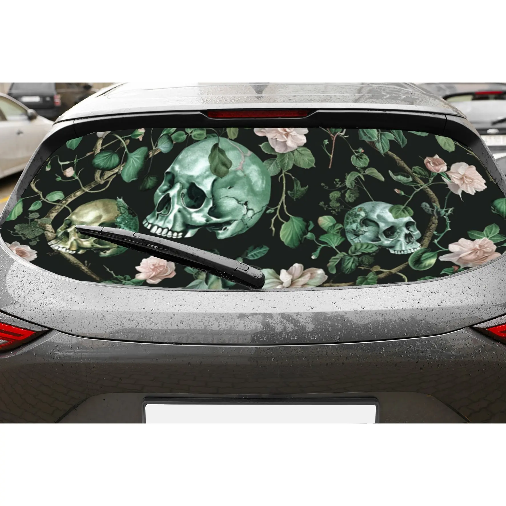 

Green Floral Skull PVC Perforated Car Vinyl Wraps, Privacy Enhancing Design for Rear Window, Car Rear Windshield Sticker for Mos