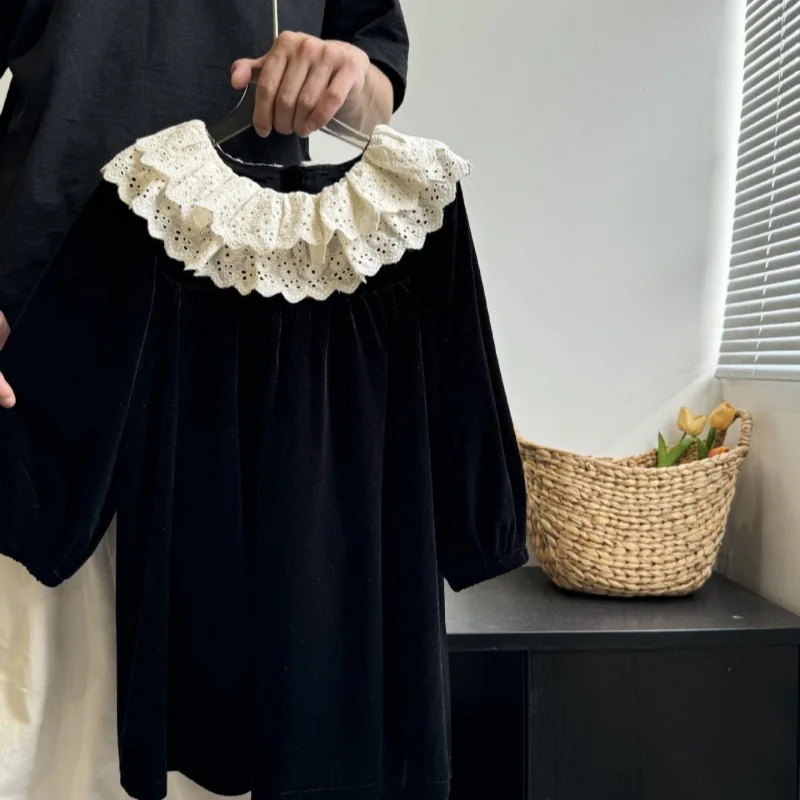 

01-Girls2025Autumn New Lace Trim Resumption Solid Color Turn-Down Collar Dress for Baby Girls Korean Fashion Dress