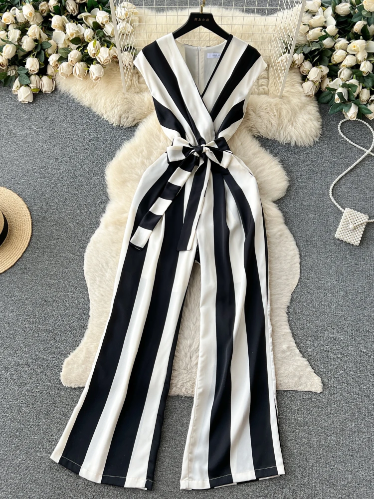 Women Vintage Playsuits Summer Sexy V-neck Sleeveless Striped Jumpsuit Ladies High Waisted Slim Wide Leg Pants Romper