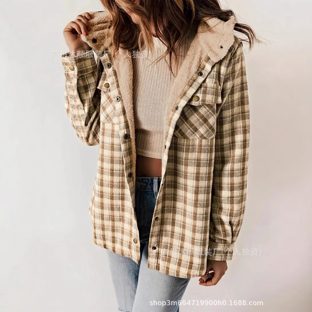 

2025 New Fashion Printed Button Hooded Woolen Short Coat Women Winter Casual Loose Plaid Pocket Home Jacket For Women