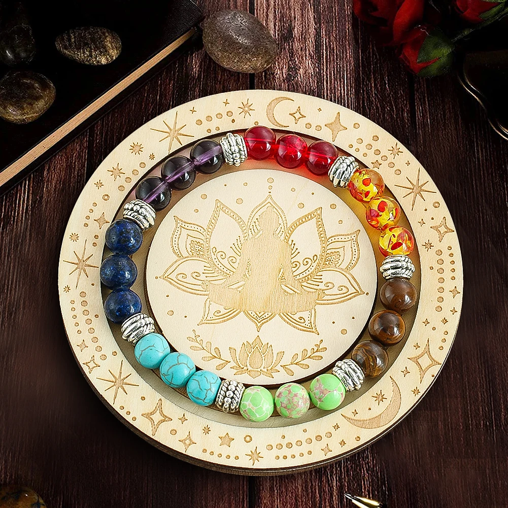 

Wooden Bangle Plate Laser Engrave Lotus Flower Sun Moon Star Crystal Energy Pad Bracelet Holder Tray Jewelry Storage Display Box