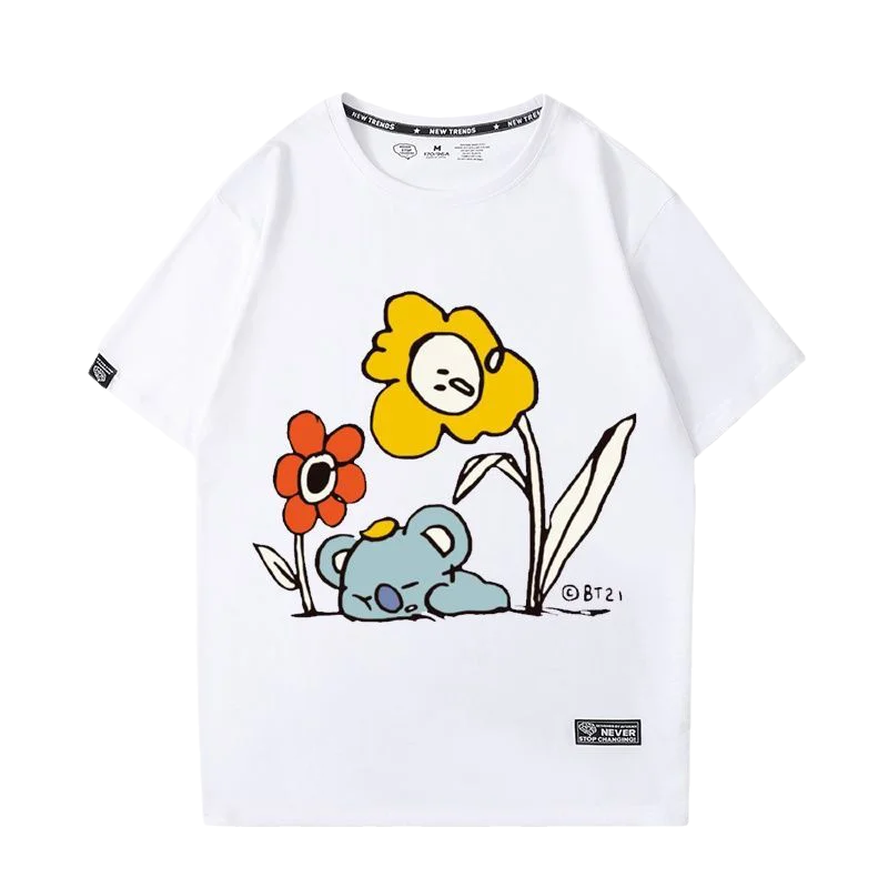 Bt21Ed Kawaii Anime Tata Rj Cooky T-Shirt Cute Cartoon Chimmy Round Neck Printing Flower Couple Short-Sleeved Girl Gift