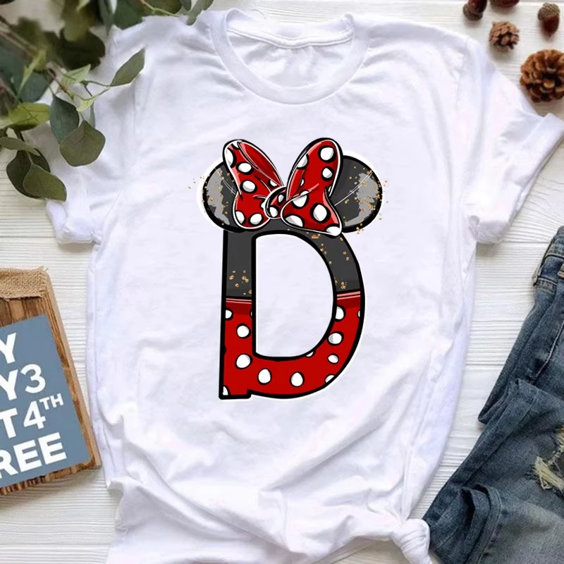 2025 Summer Fashion New Y2k Top Women's Minnie Mouse Red Gold Grey Flash Hand Drawn Letters A-Z Printed Women's T-shirt