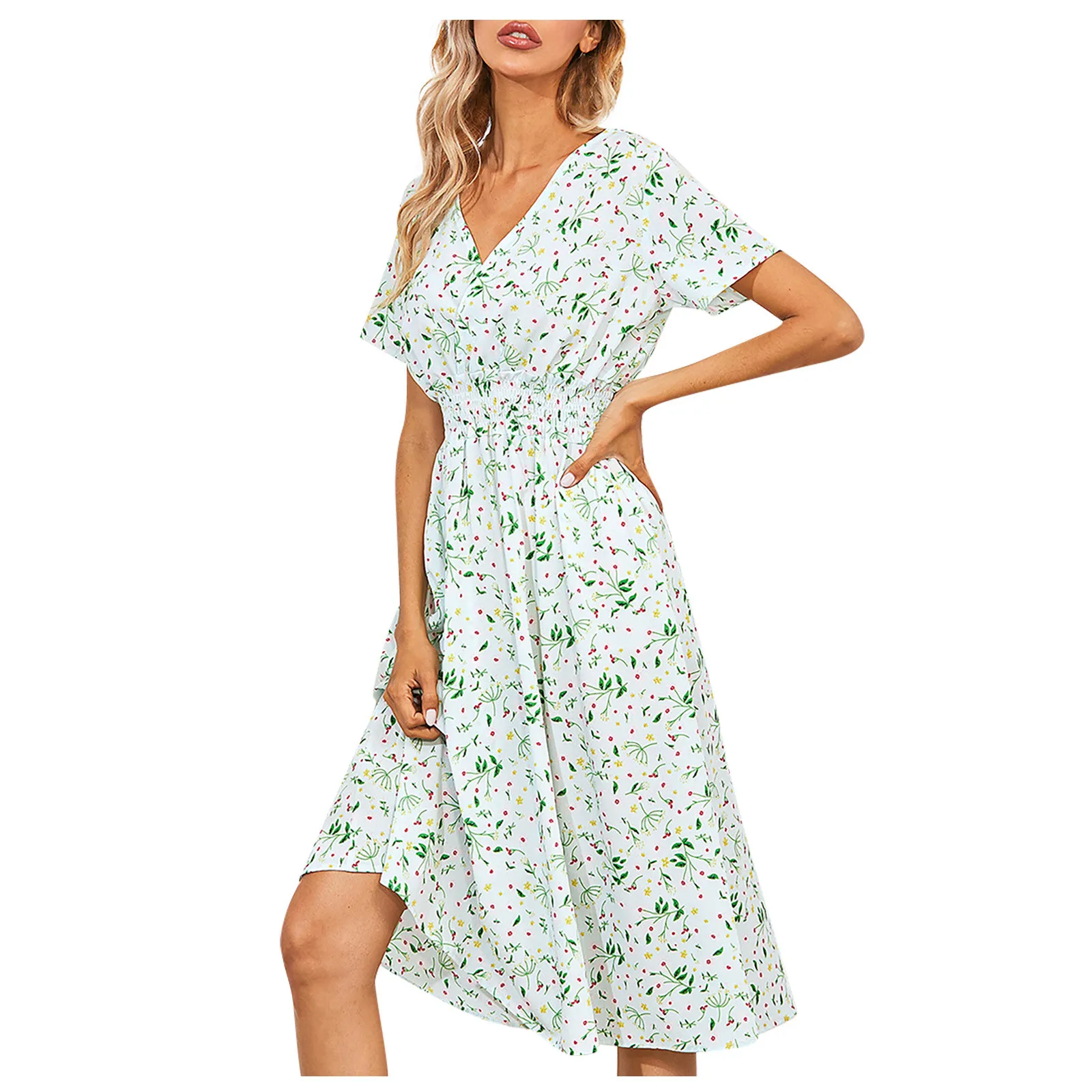 

Fashion Women'S Dress V-Neck Tighten The Waist Printed Midi Dress Summer Daily Date Leisure Vacation Elegant A-Line Dress