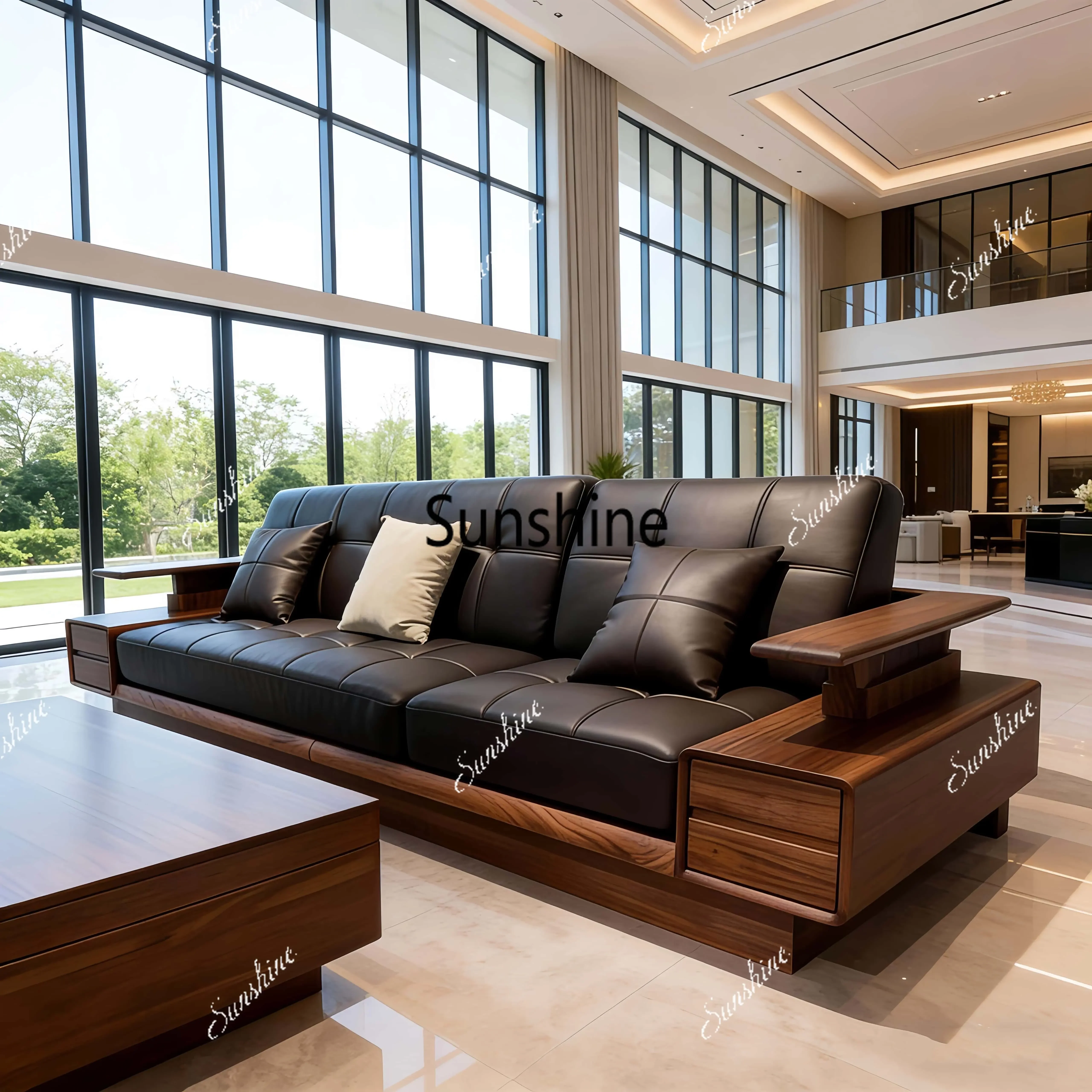 

New Chinese style, classic, solid wood, living room, straight row sofa furniture customizationY