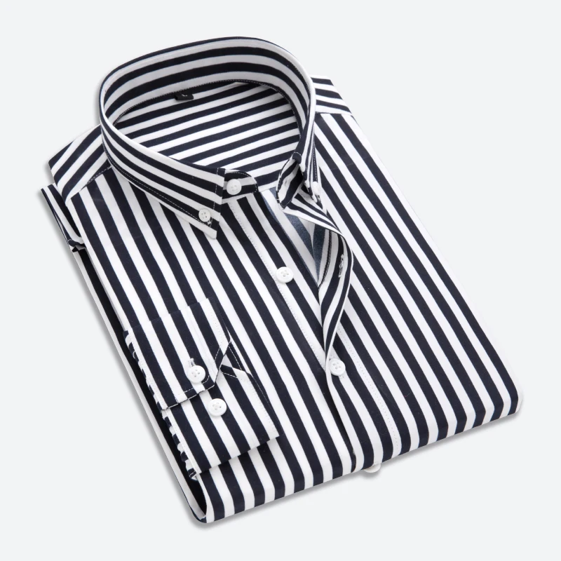 Business Office Men Striped Long Sleeve Shirt Slim Fit Vertical Stripe Lapel Collar Casual Formal Dress Shirts
