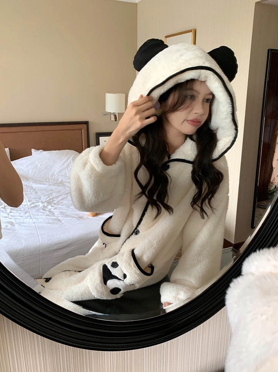 Korean style winter hooded pajamas with velvet ears women fashionable cute coral velvet soft comfortable warm pajamas freshing