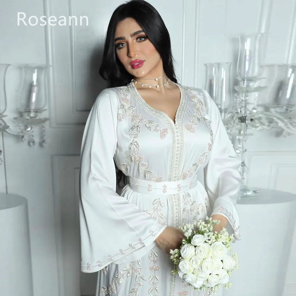Vestidos de novia de línea a simples musulmanes, apliques de satén con cuello en V, flores drapeadas, vestidos de novia completos hasta el suelo