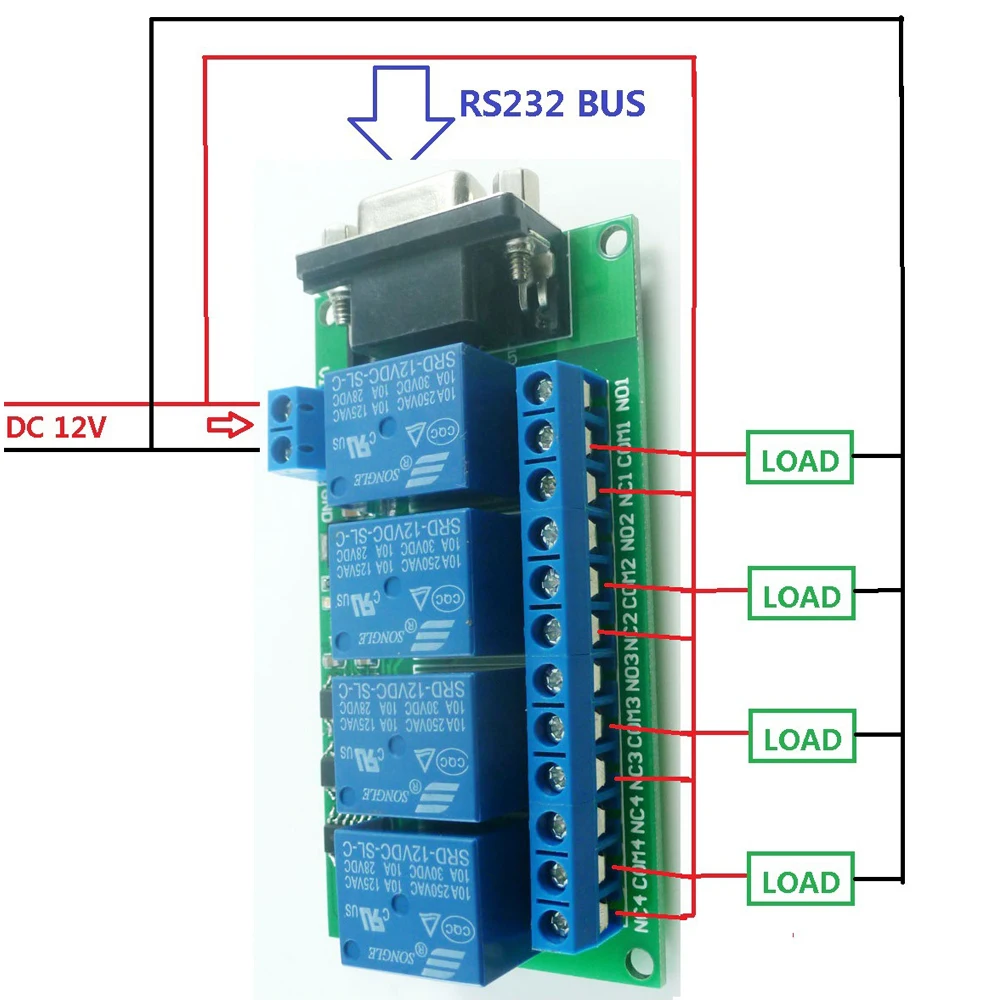 4 Channel RS232 Relay Board DC 12V  for Motor Garage PC USB UART DB9 Interface Relay Module Serial Port Remote Control Switch