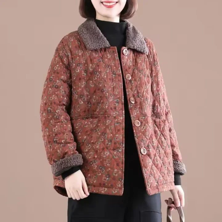 Women Retro Autumn Winter Loose Short Cotton-padded Jacket Women Floral  Lapel Cotton Coat Middle-aged Single-breasted Outwear