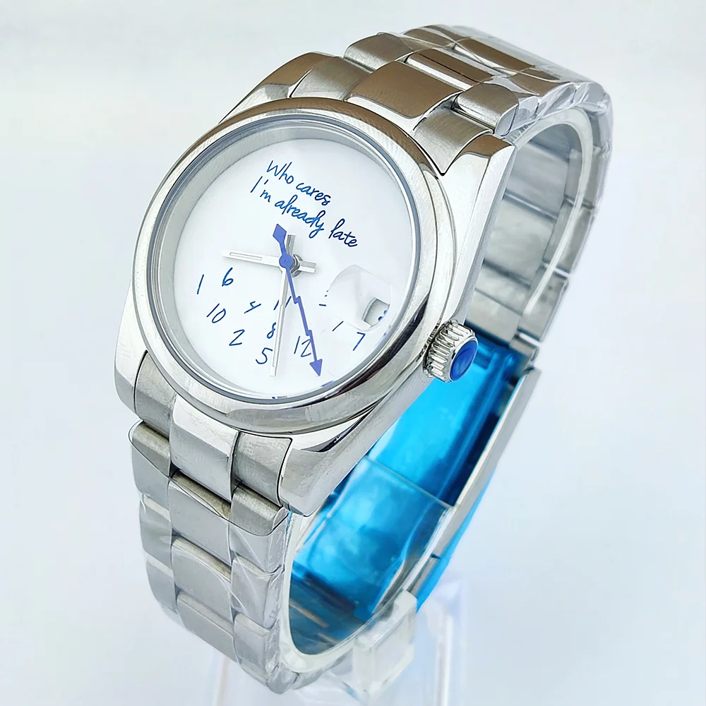 NH35 watch who cares im already late watch blue text dial 10bar waterproof sapphire glass 904L stainless steel watch men's watch image 3