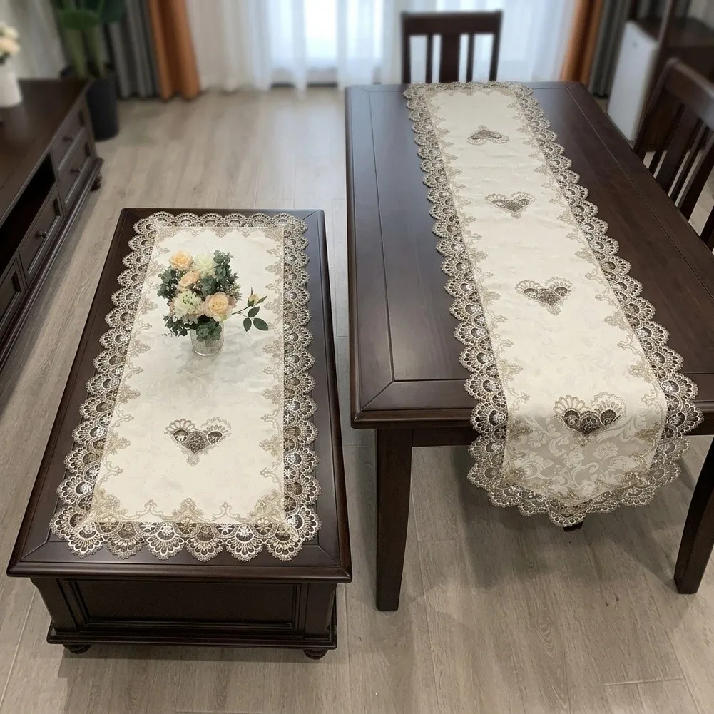 2 Piece For Tablecloth Set 50x100cm Polyester Rectangular Mat with Elegant Hollow Floral Embroidery and Lace Trim