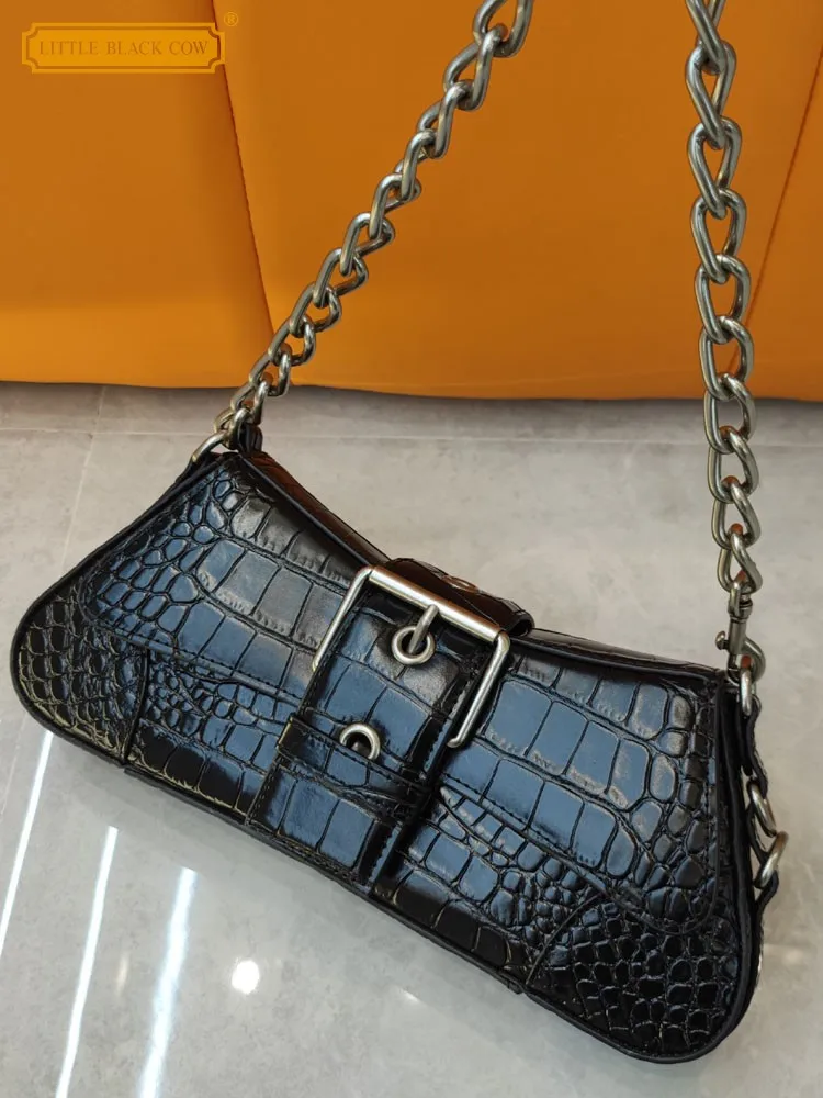 

Elegant Ladies Crocodile Pattern Cow Split Leather Shoulder Bag Women Party Underarm Bags Brand Fashion Flap Chain Crossbody Bag