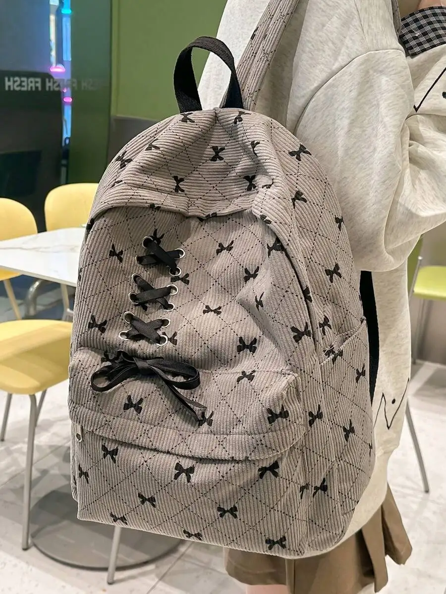 Cute Preppy Style Contrast Color Bow Pleated Personality Soft Girl Student Backpack, Fits For Travel, Walking, Fits Laptop, Text