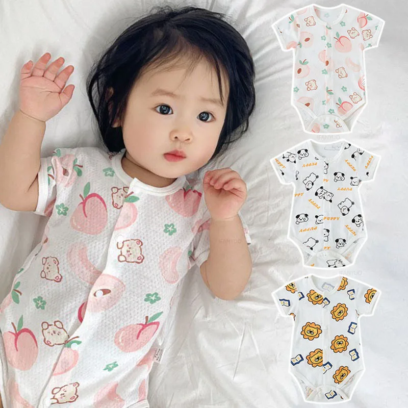 Summer Newborn Girl Baby Short Sleeved Thin Pajamas Jumpsuit Cotton Mesh Breathable Toddler Romper Soft Boy Infant Climbing Suit