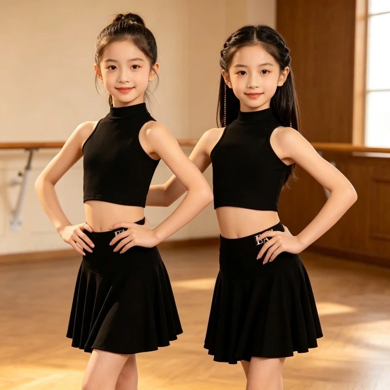 

Girls High Collar Latin Dance Training Outfit Black Ruffle Skirt Set Kids Ballroom Costume For Cha Cha Rumba Samba Dancewear
