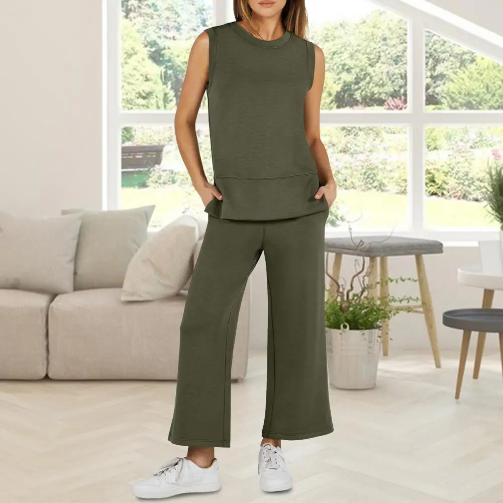 

Women Casual Two-piece Suit Stylish Women's Sleeveless Top Wide Leg Pants Set with Side Slit Vest Chic Solid Color for Daily