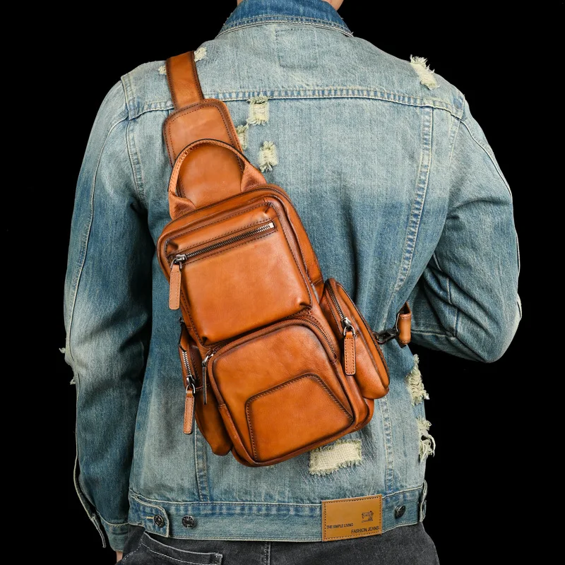 Hand-Painted Natural Leather Shoulder Bags Retro FIrst Layer Cowhide Leather Single Messenger Bag Men Chest Bags Crossbody Bag