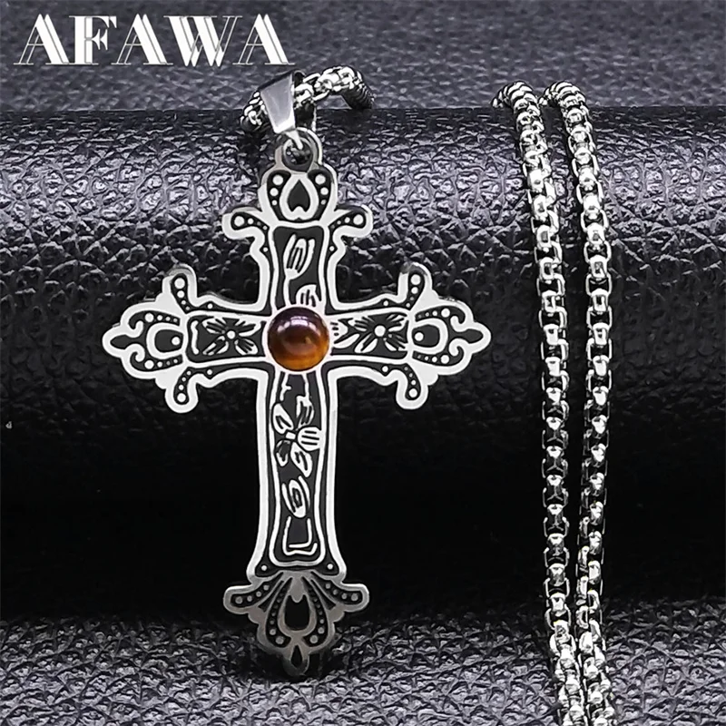 

Christian Cross Chain Necklace for Women/Men Stainless Steel Retro Flower Cross Belief Pendant Necklaces Goth Jewelry colar