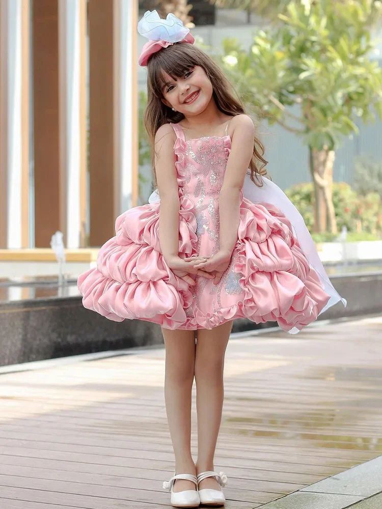 

Платье принцессы Лолиты для девочек, летний бант, розовое пышное детское платье-торт, модельное модное шоу и одежда для выступлений