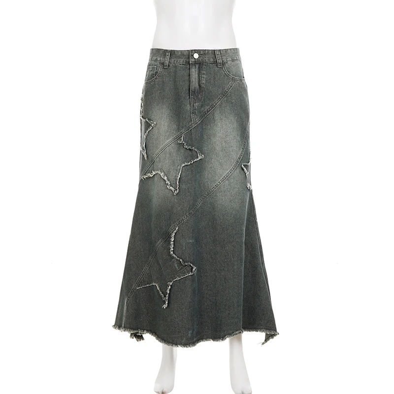 SUCHCUTE Y2k Patchwork Denim Langer Rock für Damen, Retro Slim Fit, zerrissener Mid-Waist-Meerjungfrauenrock, modischer unregelmäßiger Rock mit Quasten – Detail 4