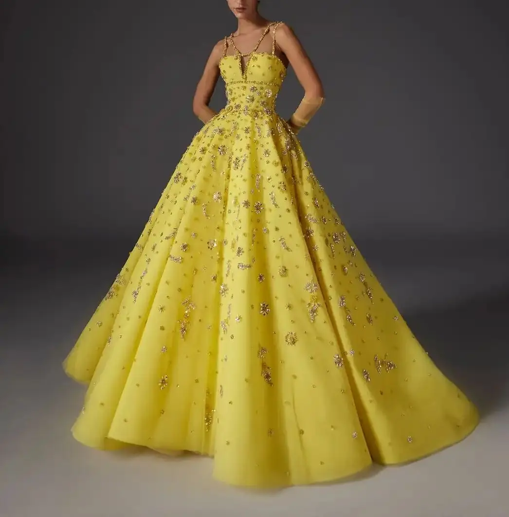 Plus Size Vows Customized Thin Shoulder-Strap Beaded Suquins of 3D Florals Embroidery Appqulies Engagement A-line Evening Dress
