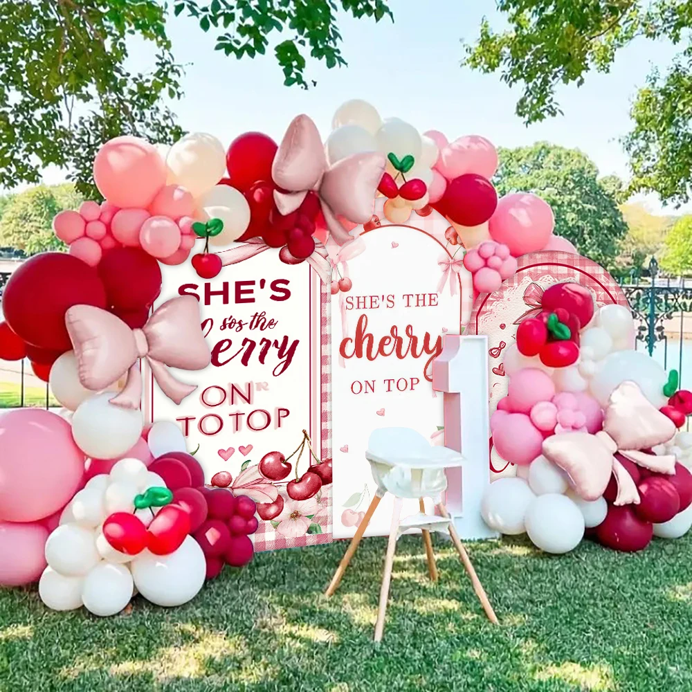 

Personalized Red Cherry Arch Backdrop, “Our Little Cherry on Top” Baby Shower, 2 - Sided Elastic