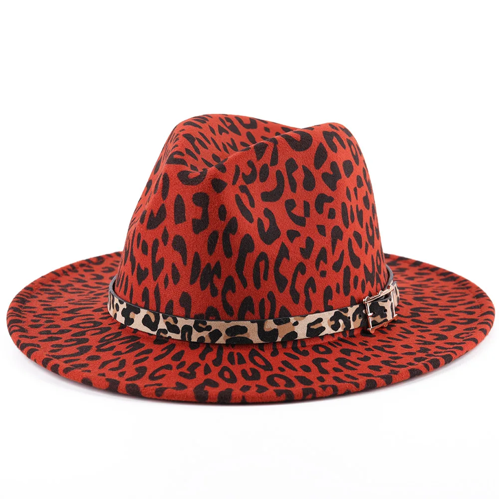 9.5CM hat brim with leopard print fedora men and women four seasons new hat British retro Panama wool jazz hat