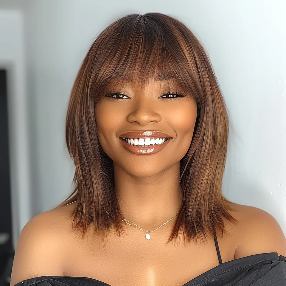 Highlight Straight Bob Ready To Wear Brown Short Straight Bob With Bangs Wolf Cut Layered Straight Bob Brazilian Human Hair Wigs